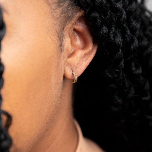 10k Solid Gold Double Line Textured Huggie Studs - - Earrings - Ofina